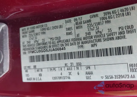 2018 Ford Escape Se из США, поврежденный, VIN 1FMCU0GD5JUA06845